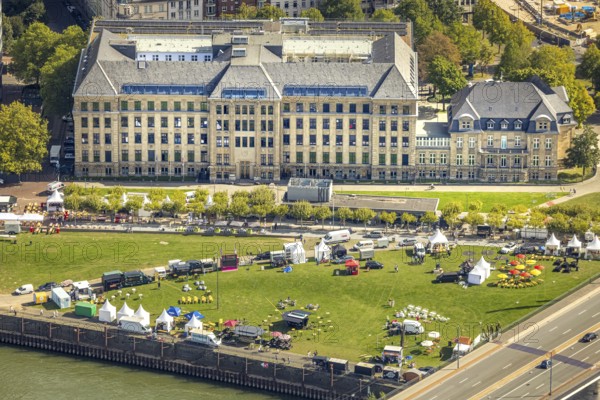 Aerial view, event with pavilions on the meadow at the State Chancellery of North Rhine-Westphalia, Carlstadt, Düsseldorf, Ruhr area, North Rhine-Westphalia, Germany, Apollo-Platz, authority, Bernhard Paul organiser, DE, Europe, events, culture, art, aerial photography, aerial photography, aerial photography, theatre, overview, event centre, bird's-eye view, bird's-eye view, cultural use, overview