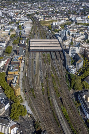 Aerial view, central station Hbf, covered platforms and tracks, city centre, Düsseldorf, Ruhr area, North Rhine-Westphalia, Germany, railway area, railway station, DE, Deutsche Bahn AG, Europe, track systems, tracks, central station, Hbf, aerial view, aerial photography, aerial photography, overview, bird's-eye view, overview