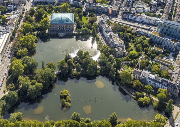 Aerial view, Ständehauspark with Ständehaus, Kaiserteich and Schwanenspiegel, Unterbilk, Düsseldorf, Ruhr area, North Rhine-Westphalia, Germany, DE, Europe, green island, aerial view, aerial photography, aerial photography, sight, overview, bird's eye view, birds-eyes view, green lung, overview