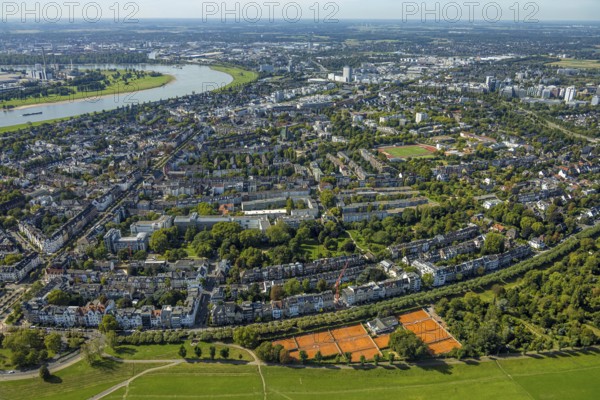 Aerial view, residential area local view district Niederkassel and Oberkassel, district sports facility Oberkassel, Tennis-Club Düsseldorf Grün-Weiß e.V. 1920 tennis courts, Niederkassel, Düsseldorf, Ruhr area, North Rhine-Westphalia, Germany, DE, Europe, football, football pitch, football stadium, property tax, real estate, aerial view, aerial photography, aerial photography, sports facility, sports field, tennis, tennis facility, tennis court, tennis courts, tennis club, terrace, overview, bird's eye view, residential area, living and life, residential area, quality of life, residential neighbourhood, housing estate, residential area, birds-eyes view, overview
