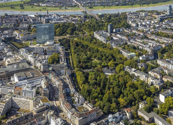 Aerial view, Hofgarten Park, Dreischeibenhaus and Schauspielhaus with view to the river Rhine, Pempelfort, Düsseldorf, Ruhr area, North Rhine-Westphalia, Germany, DE, Europe, aerial view, aerial photography, aerial photography, overview, bird's-eye view, overview
