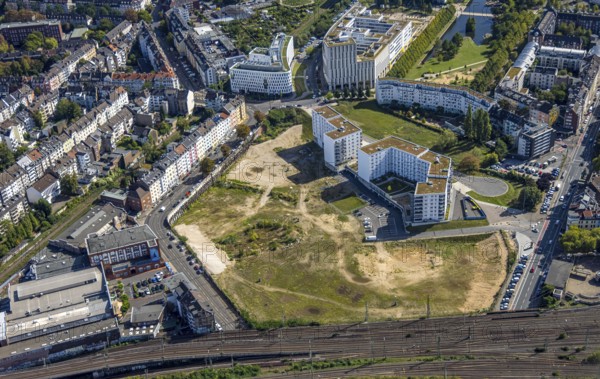 Aerial view, construction site Quartier Grand Central for new residential quarter at the main railway station, former postal distribution centre, between Kölner Straße and Erkrather Straße, Oberbilk, Düsseldorf, Ruhr area, North Rhine-Westphalia, Germany, construction work, construction area, construction site, building plots, construction project, construction site, DE, Europe, large construction site, real estate project, investor Catella Project Management, aerial view, aerial photography, aerial photography, new building, overview, bird's eye view, overview