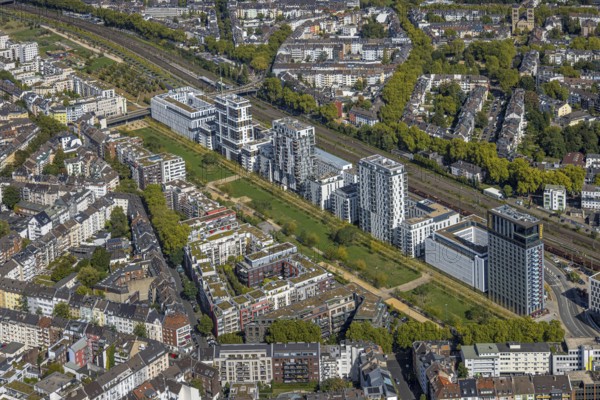 Aerial view, Le Quartier Central at Berty-Albrecht-Park, office buildings La Tete and Le Flux, high-rise residential buildings Pandion d'Or and hotels at Toulouser Allee, 25hours Hotel, H2 Hotel, Pempelfort, Düsseldorf, Ruhr area, North Rhine-Westphalia, Germany, office buildings, DE, Europe, commercial enterprise, commercial space, commercial property, commercial location, commercial use, property tax, high-rise buildings, hotel, hotel complex, hotel business, real estate, aerial view, aerial photography, aerial photography, overview, bird's-eye view, residential area, residential area and living, residential quality, residential neighbourhood, residential estate, residential district, birds-eyes view, overview