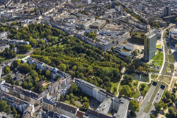 Aerial view, Hofgarten Park, Dreischeibenhaus and Schauspielhaus, Hofgarten Palais, Pempelfort, Düsseldorf, Ruhr area, North Rhine-Westphalia, Germany, DE, Europe, aerial view, aerial photography, aerial photography, overview, bird's-eye view, overview