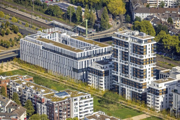 Aerial view, Le Quartier Central, Berty-Albrecht-Park, office building La Tete and Le Flux, Pempelfort, Düsseldorf, Ruhr area, North Rhine-Westphalia, Germany, office buildings, DE, Europe, commercial enterprise, commercial space, commercial property, commercial location, commercial use, property tax, high-rise buildings, hotel complex, hotel industry, real estate, aerial photography, aerial photography, aerial photography, overview, bird's-eye view, residential complex, residential area, residential quality, residential neighbourhood, residential estate, residential district, birds-eyes view, overview