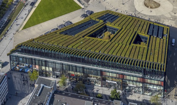 Aerial view, Ingenhoven-Tal green building Kö-Bogen II, planted with hornbeam hedge, city centre, Düsseldorf, Ruhr area, North Rhine-Westphalia, Germany, DE, Europe, green facade, aerial view, aerial photography, aerial photography, sight, overview, bird's-eye view, bird's-eye view, overview