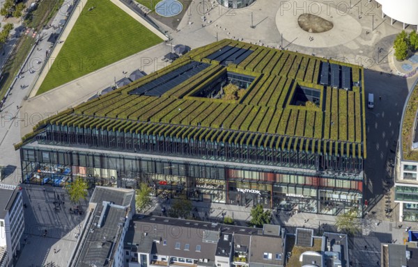 Aerial view, Ingenhoven-Tal green building Kö-Bogen II, planted with hornbeam hedge, city centre, Düsseldorf, Ruhr area, North Rhine-Westphalia, Germany, DE, Europe, green facade, aerial view, aerial photography, aerial photography, sight, overview, bird's-eye view, bird's-eye view, overview