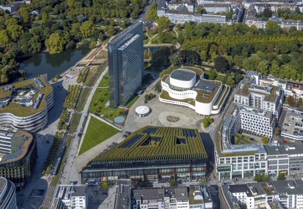 Aerial view, Dreischeibenhaus and Schauspielhaus, Ingenhoven-Tal green building Kö-Bogen II, planted with hornbeam hedge, city centre, Düsseldorf, Ruhr area, North Rhine-Westphalia, Germany, DE, Europe, green facade, aerial view, aerial photography, aerial photography, sight, overview, bird's-eye view, overview