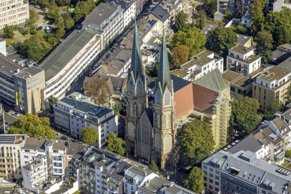 Aerial view, Church of St. Mary's Conception with construction site and scaffolding, city centre, Düsseldorf, Ruhr area, North Rhine-Westphalia, Germany, place of worship, construction work, construction area, building site, building plots, construction project, construction site, DE, Europe, religious community, place of worship, holy place, church, parish, denomination, aerial view, aerial photography, aerial photography, new building, religion, religious site, overview, bird's-eye view, overview