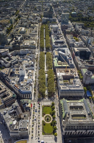 Aerial view, old town with office buildings and shopping mile, tree avenue with Königsallee, Breitenbacher Hof and construction site multi-storey car park Königsallee corner Benrather Straße, Corneliusplatz with fountain, city centre, Düsseldorf, Rhineland, North Rhine-Westphalia, Germany, construction work, construction area, construction site, building site, building project, construction project, construction site, DE, shopping mall, shopping mile, shopping street, shopping centre, Europe, pedestrian zone, aerial view, aerial photography, aerial photography, local supply centre, new building, shopping centre, overview, bird's eye view, birds-eyes view, overview