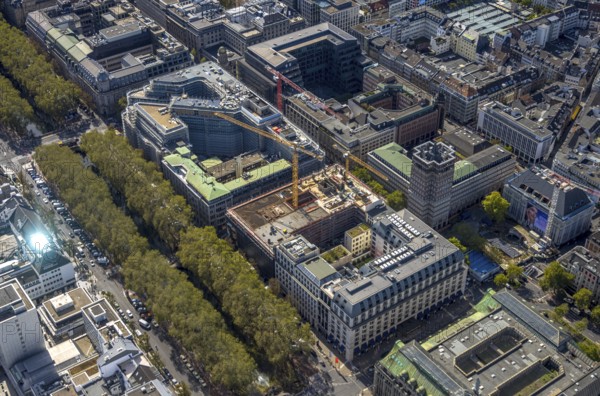 Aerial view, old town with office buildings and shopping mall, Baumallee and Königsallee, Breitenbacher Hof and construction site car park Königsallee corner Benrather Straße, office building Wilhelm-Marx-Haus with tower, city centre, Düsseldorf, Rhineland, North Rhine-Westphalia, Germany, construction work, construction area, construction site, building site, building project, construction project, construction site, DE, shopping mall, shopping mile, shopping street, shopping centre, Europe, pedestrian zone, aerial view, aerial photography, aerial photography, local supply centre, new building, shopping centre, tower, overview, bird's-eye view, overview