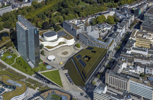 Aerial view, Dreischeibenhaus and Schauspielhaus, Ingenhoven-Tal green building Kö-Bogen II, planted with hornbeam hedge, city centre, Düsseldorf, Ruhr area, North Rhine-Westphalia, Germany, DE, Europe, green facade, aerial view, aerial photography, aerial photography, sight, overview, bird's-eye view, overview