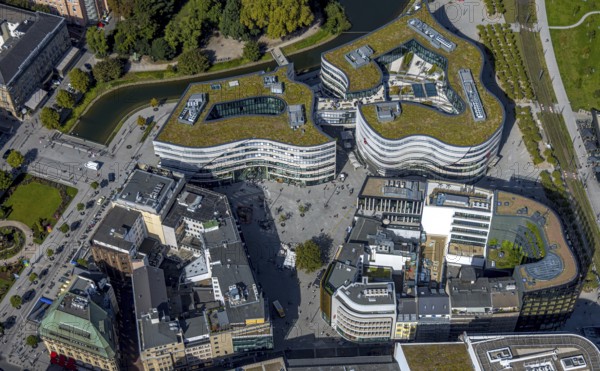 Aerial view, Kö-Bogen shopping centre, city centre, Düsseldorf, Ruhr area, North Rhine-Westphalia, Germany, DE, shopping centre, shopping mall, shopping mile, shopping square, shopping street, Europe, pedestrian zone, aerial view, aerial photography, aerial photography, shopping, shopping centre, overview, bird's-eye view, overview