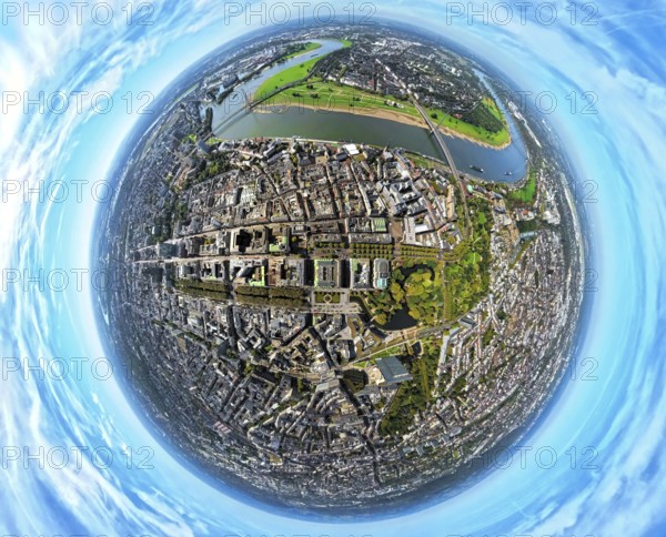 Aerial view, old town and Königsallee with tree avenue, city centre view and commercial buildings, Hofgarten and pond Nördliche Düssel, earth globe, fisheye image, fisheye image, 360 degree image, tiny world, little planet, fisheye image, city centre, Düsseldorf, Ruhr area, North Rhine-Westphalia, Germany, Altstadt, DE, Europe, fisheye lens, fisheye lens, Little Planet, aerial view, aerial photography, aerial photography, super wide angle lens, Tiny World, overview, bird's eye view, globe, birds-eyes view, exclusive shopping mile, fisheye lens, insta360 camera, overview