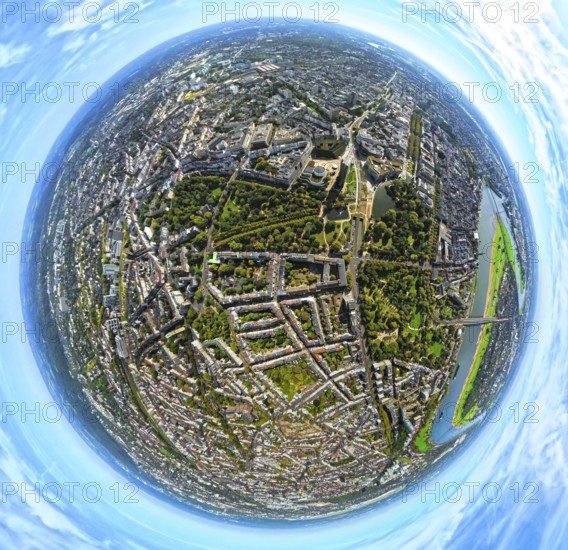 Aerial view, Hofgarten, residential area Kaiserstraße and Jägerhofstraße with Düsseldorfer Schauspielhaus and Ingenhoven-Tal green building Kö-Bogen II, earth globe, fisheye image, fisheye image, 360 degree image, tiny world, little planet, fisheye image, Pempelfort, Düsseldorf, Ruhr area, North Rhine-Westphalia, Germany, DE, Europe, fisheye lens, fisheye lens, Little Planet, aerial view, aerial photography, aerial photography, super wide angle lens, Tiny World, overview, bird's eye view, globe, birds-eyes view, fisheye lens, insta360 camera, overview