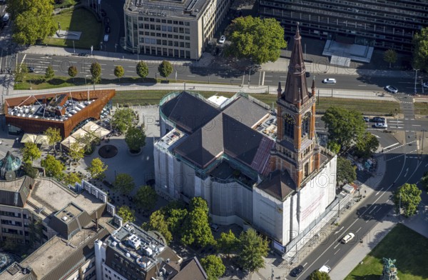 Aerial view, renovation and redevelopment Johanneskirche, Martin-Luther-Platz, city centre, Düsseldorf, Ruhr area, North Rhine-Westphalia, Germany, place of worship, construction work, construction area, building site, building plots, construction project, construction site, DE, Europe, faith community, place of worship, holy place, church, church community, denomination, aerial view, aerial photography, aerial photography, new building, religion, religious site, overview, veiling, bird's-eye view, bird's-eye view, overview, veiled church