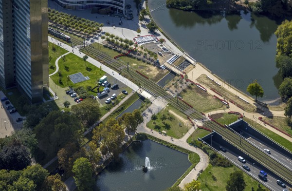 Aerial view, Kö-Bogen tunnel Hofgartenstraße, tram line over the river Nördliche Düssel, city centre, Düsseldorf, Ruhr area, North Rhine-Westphalia, Germany, DE, Europe, aerial view, aerial photography, aerial photography, overview, bird's-eye view, overview