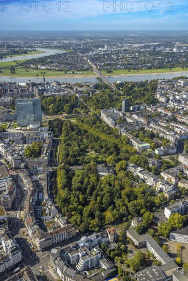Aerial view, Hofgarten Park, Dreischeibenhaus and Schauspielhaus, view to the river Rhine, Pempelfort, Düsseldorf, Ruhr area, North Rhine-Westphalia, Germany, DE, Europe, aerial view, aerial photography, aerial photography, overview, bird's-eye view, overview