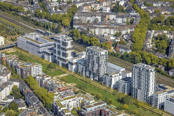 Aerial view, Le Quartier Central at Berty-Albrecht-Park, office buildings La Tete and Le Flux, residential tower blocks Pandion d'Or, Pempelfort, Düsseldorf, Ruhr area, North Rhine-Westphalia, Germany, office buildings, DE, Europe, commercial enterprise, commercial property, commercial site, commercial use, property tax, high-rise buildings, hotel, hotel complex, hotel industry, real estate, aerial view, aerial photography, aerial photography, overview, bird's-eye view, residential complex, residential area, residential quality, residential neighbourhood, residential estate, residential district, birds-eyes view, overview