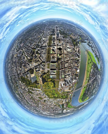Aerial view, old town and Königsallee with tree avenue, city centre view and commercial buildings, Hofgarten and pond Nördliche Düssel, earth globe, fisheye image, fisheye image, 360 degree image, tiny world, little planet, fisheye image, city centre, Düsseldorf, Ruhr area, North Rhine-Westphalia, Germany, Altstadt, DE, Europe, fisheye lens, fisheye lens, Little Planet, aerial view, aerial photography, aerial photography, super wide angle lens, Tiny World, overview, bird's eye view, globe, birds-eyes view, exclusive shopping mile, fisheye lens, insta360 camera, overview