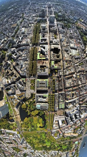 Aerial view, Königsallee with tree avenue, city centre view and commercial buildings, Hofgarten and pond Nördliche Düssel, earth globe, fisheye image, fisheye image, 360 degree image, tiny world, little planet, fisheye image, city centre, Düsseldorf, Ruhr area, North Rhine-Westphalia, Germany, DE, Europe, fisheye lens, fisheye lens, Little Planet, aerial photography, aerial photography, super wide angle lens, Tiny World, overview, bird's eye view, globe, birds-eyes view, exclusive shopping mile, fisheye lens, insta360 camera, overview