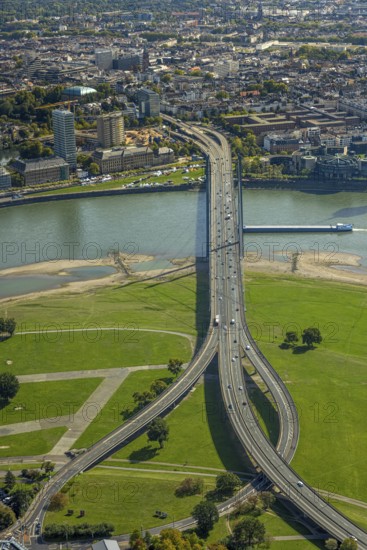 Aerial view, Rheinkniebrücke over the river Rhine, State Chancellery of North Rhine-Westphalia, event with pavilions, Rheinwiesen Oberkassel, Carlstadt, Düsseldorf, Ruhr area, North Rhine-Westphalia, Germany, Apollo-Platz, Bernhard Paul organiser, bridge, DE, Europe, events, river, culture, art, aerial view, aerial photography, aerial photography, road traffic, theatre, overview, events, event location, event centre, bird's-eye view, birds-eyes view, cultural use, overview