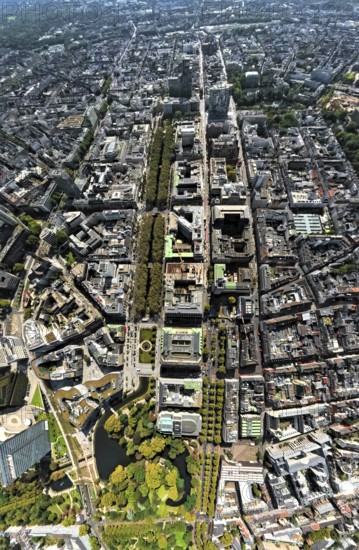 Aerial view, Königsallee with tree avenue, city centre view and commercial buildings, Hofgarten and pond Nördliche Düssel, earth globe, fisheye image, fisheye image, 360 degree image, tiny world, little planet, fisheye image, city centre, Düsseldorf, Ruhr area, North Rhine-Westphalia, Germany, DE, Europe, fisheye lens, fisheye lens, Little Planet, aerial photography, aerial photography, super wide angle lens, Tiny World, overview, bird's eye view, globe, birds-eyes view, exclusive shopping mile, fisheye lens, insta360 camera, overview