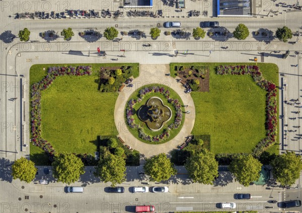Aerial view, Corneliusplatz with fountain and flower bed at Königsallee, city centre, Düsseldorf, Ruhr area, North Rhine-Westphalia, Germany, DE, Europe, aerial view, aerial photography, aerial photography, sight, overview, bird's-eye view, overview