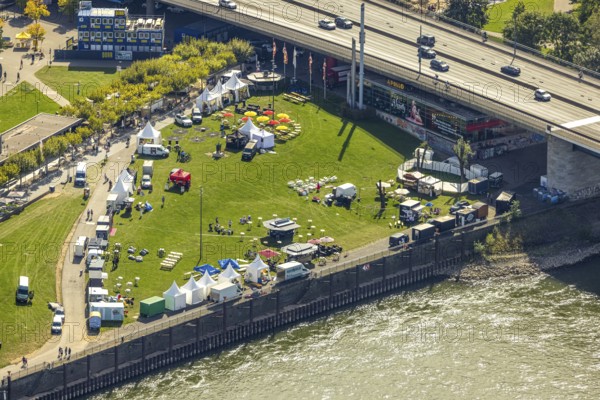 Aerial view, event with pavilions on the meadow next to the Rheinkniebrücke, Carlstadt, Düsseldorf, Ruhr area, North Rhine-Westphalia, Germany, Apollo-Platz, authority, Bernhard Paul organiser, DE, Europe, events, culture, art, aerial photography, aerial photography, aerial photography, theatre, overview, event centre, bird's eye view, birds-eyes view, cultural use, overview