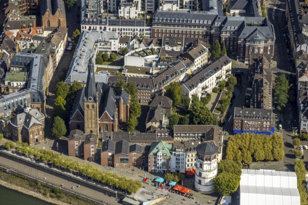 Aerial view, catholic basilica St. Lambertus and round tower shipping museum in the old town, roof terraces, Carlstadt, Düsseldorf, Ruhr area, North Rhine-Westphalia, Germany, DE, Europe, aerial view, aerial photography, aerial photography, overview, bird's-eye view, overview