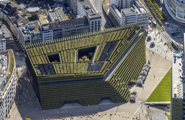 Aerial view, Ingenhoven-Tal green building Kö-Bogen II, planted with hornbeam hedge, city centre, Düsseldorf, Ruhr area, North Rhine-Westphalia, Germany, DE, Europe, green facade, aerial view, aerial photography, aerial photography, sight, overview, bird's-eye view, bird's-eye view, overview