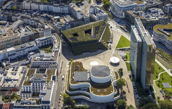 Aerial view, Dreischeibenhaus and Schauspielhaus, Ingenhoven-Tal green building Kö-Bogen II, planted with hornbeam hedge, city centre, Düsseldorf, Ruhr area, North Rhine-Westphalia, Germany, DE, Europe, green facade, aerial view, aerial photography, aerial photography, sight, overview, bird's-eye view, overview
