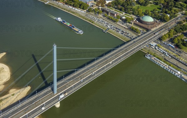 Aerial view, Oberkasseler Brücke over the river Rhine and Tonhalle Düsseldorf, Rhine promenade, Pempelfort, Düsseldorf, Ruhr area, North Rhine-Westphalia, Germany, bridge, DE, Europe, events, river, culture, art, aerial photography, aerial photography, aerial photography, theatre, overview, event hall, venue, event location, event centre, bird's-eye view, bird's-eye view, cultural use, overview