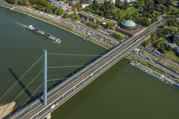 Aerial view, Oberkasseler Brücke over the river Rhine and Tonhalle Düsseldorf, Rhine promenade, Pempelfort, Düsseldorf, Ruhr area, North Rhine-Westphalia, Germany, bridge, DE, Europe, events, river, culture, art, aerial photography, aerial photography, aerial photography, theatre, overview, event hall, venue, event location, event centre, bird's-eye view, bird's-eye view, cultural use, overview