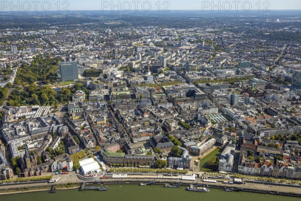 Aerial view, city centre view with the old town and Rheinpromnade, Dreischeibenhaus and Schauspielhaus, Ingenhoven-Tal green building Kö-Bogen II, planted with hornbeam hedge, Düsseldorf, Ruhr area, North Rhine-Westphalia, Germany, DE, Europe, aerial view, aerial photography, aerial photography, overview, bird's-eye view, overview