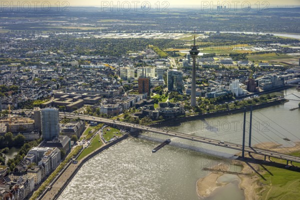Aerial view, Rheinkniebrücke and Rheinturm with Landtag North Rhine-Westphalia, harbour, Düsseldorf, Ruhr area, North Rhine-Westphalia, Germany, authority, DE, Europe, aerial view, aerial photography, aerial photography, tower, overview, bird's-eye view, overview