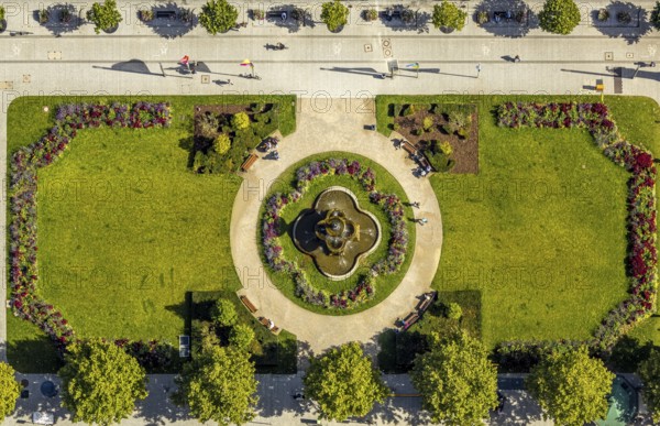 Aerial view, Corneliusplatz with fountain and flower bed at Königsallee, city centre, Düsseldorf, Ruhr area, North Rhine-Westphalia, Germany, DE, Europe, aerial view, aerial photography, aerial photography, sight, overview, bird's-eye view, overview