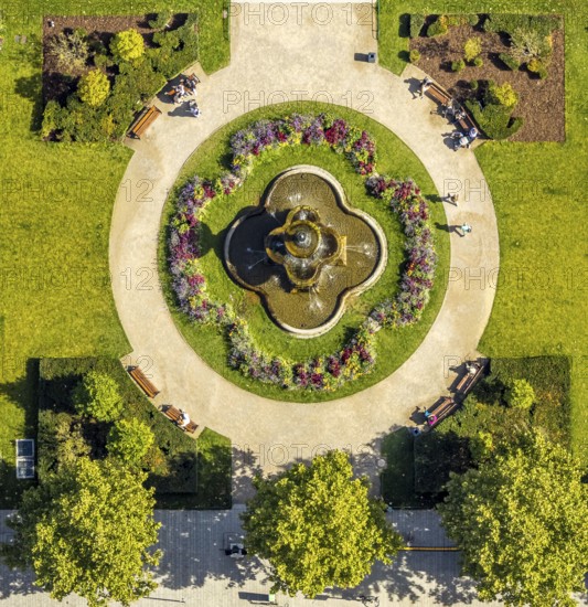 Aerial view, Corneliusplatz with fountain and flower bed at Königsallee, city centre, Düsseldorf, Ruhr area, North Rhine-Westphalia, Germany, DE, Europe, aerial view, aerial photography, aerial photography, sight, overview, bird's-eye view, overview
