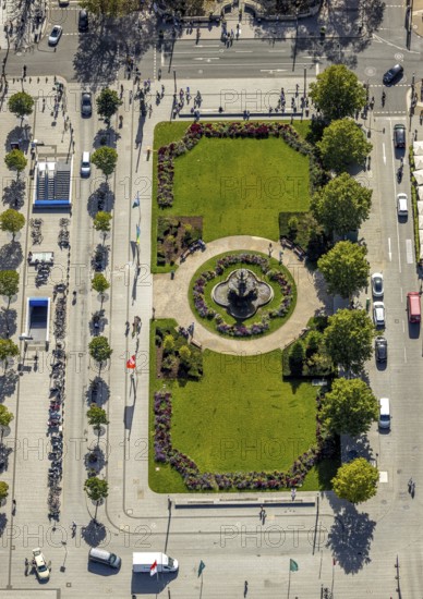 Aerial view, Corneliusplatz with fountain and flower bed at Königsallee, city centre, Düsseldorf, Ruhr area, North Rhine-Westphalia, Germany, DE, Europe, aerial view, aerial photography, aerial photography, sight, overview, bird's-eye view, overview