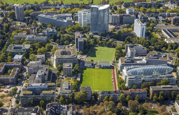 Aerial view, Sky Office high-rise office building, sports centre north football stadium BV 04 Düsseldorf e.V., Spherion office building by architect Jürgen Koch, Golzheim, Düsseldorf, Ruhr area, North Rhine-Westphalia, Germany, DE, Europe, football, football field, football stadium, commercial enterprise, commercial area, commercial property, commercial site, commercial use, aerial photograph, aerial photography, aerial photography, sports, sports facility, sports field, overview, bird's eye view, birds-eyes view, overview