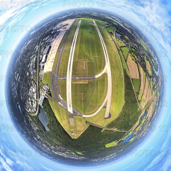 Aerial photo, DUS Airport Düsseldorf Airport with runway and landing strip, globe, fisheye image, 360 degree image, tiny world, little planet, fisheye image, Lohausen, Düsseldorf, Ruhr area, North Rhine-Westphalia, Germany, DE, Europe, fisheye lens, fisheye lens, flight mission, airport, aircraft noise, airfield, runway, little planet, aerial photography, aerial photography, aerial photography, runway, super wide angle lens, tiny world, overview, bird's eye view, globe, birds-eyes view, fisheye lens, insta360 camera, overview
