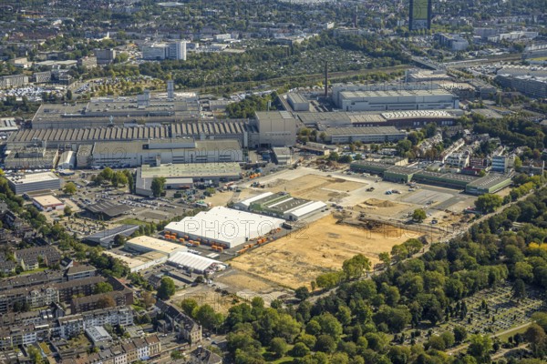 Aerial view, derelict site of the former Blumengroßmarkt Düsseldorf eG on Ulmenstraße, Derendorf, Düsseldorf, Ruhr area, North Rhine-Westphalia, Germany, construction work, construction area, building site, building plots, construction project, construction site, derelict site, DE, Europe, aerial view, aerial photography, aerial photography, aerial photography, road traffic, overview, bird's eye view, birds-eyes view, overview