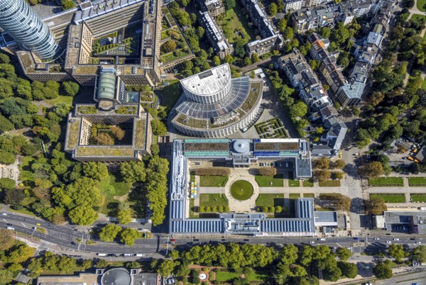 Aerial view, Ehrenhof Kunstpalast art museum, semicircular building Ministry of the Environment, Nature Conservation and Transport of the State of North Rhine-Westphalia, Pempelfort, Düsseldorf, Ruhr area, North Rhine-Westphalia, Germany, authority, DE, Europe, events, culture, art, aerial photography, aerial photography, museum, overview, venue, event location, event centre, bird's-eye view, bird's-eye view, cultural use, overview