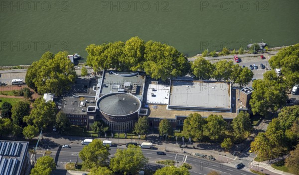 Aerial view, Rheinterrasse Düsseldorf on the river Rhine, event building, Pempelfort, Düsseldorf, Ruhr area, North Rhine-Westphalia, Germany, DE, Europe, events, culture, art, aerial photography, aerial photography, aerial photography, theatre, overview, venue, event location, event centre, bird's eye view, birds-eyes view, cultural use, overview