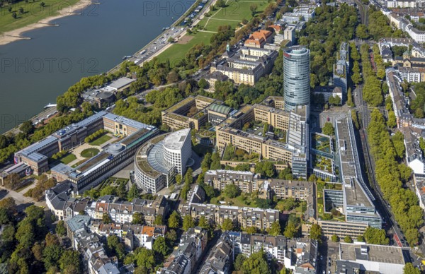 Aerial view, art museum Ehrenhof and Ergo skyscraper, semicircular building Ministry of the Environment, Nature Conservation and Transport, behind building of the district government, Pempelfort, Düsseldorf, Ruhr area, North Rhine-Westphalia, Germany, DE, Ehrenhof, Europe, skyscraper, aerial view, aerial photography, aerial photography, museum, overview, bird's eye view, birds-eyes view, overview
