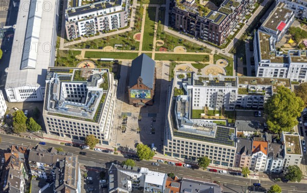 Aerial view, Ulmer Höh church, new residential area and office space in the Ulmenstraße district, Derendorf, Düsseldorf, Ruhr area, North Rhine-Westphalia, Germany, DE, Europe, aerial view, aerial photography, aerial photography, overview, bird's-eye view, overview