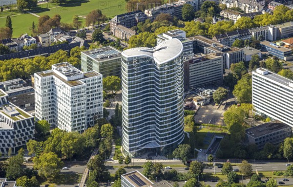 Aerial view, Sky Office office tower block, Golzheim, Düsseldorf, Ruhr area, North Rhine-Westphalia, Germany, DE, Europe, commercial enterprise, commercial space, commercial area, commercial property, commercial location, commercial use, aerial photograph, aerial photography, aerial photography, overview, bird's-eye view, bird's-eye view, overview