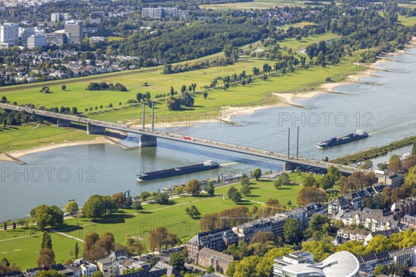 Aerial view, Theodor-Heuss-Bridge and inland navigation on the river Rhine, in front Rheinpark Golzheim, behind Niederkasseler Deich, Niederkassel, Düsseldorf, Ruhr area, North Rhine-Westphalia, Germany, inland navigation, bridge, DE, Europe, river, aerial view, aerial photography, aerial photography, road traffic, overview, bird's-eye view, overview