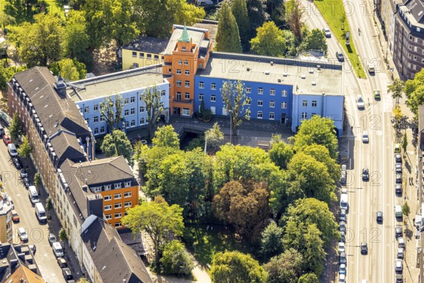 Aerial view, residential area and colourful house facades, house with turrets, Eulerstrasse children's aid centre, Pempelfort, Düsseldorf, Ruhr area, North Rhine-Westphalia, Germany, DE, Europe, property tax, real estate, aerial view, aerial photography, aerial photography, tower, overview, bird's-eye view, housing estate, living and living, residential area, residential quality, residential quarter, housing estate, residential district, birds-eyes view, overview