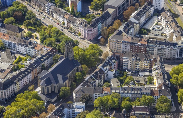 Aerial view, Church of the Holy Trinity, Jülicher Straße, intersection Euler Straße, Derendorf, Düsseldorf, Ruhr area, North Rhine-Westphalia, Germany, place of worship, DE, Europe, religious community, place of worship, holy place, church, parish, denomination, aerial view, aerial photography, aerial photography, religion, religious site, overview, bird's-eye view, bird's-eye view, overview
